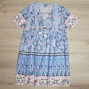 Large blue/pink Floral Pattern free flowing Midi Boho dress w/ pockets NEW [86]